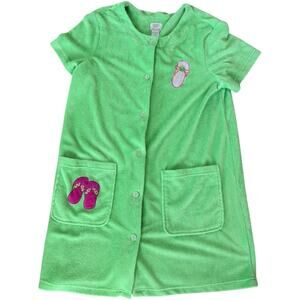 Vintage Y2K Neon Green Terry Robe M Flip Flop Embroidery Button Front Lounge